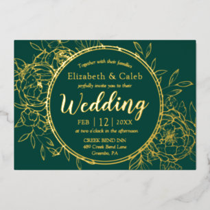 Invitación Con Relieve Metalizado Boda de Toile Moderna de Peonía Verde Esmeralda y