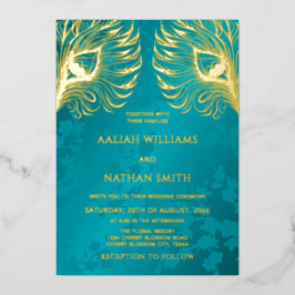 Invitación Con Relieve Metalizado Boda de tono de joya de pluma de pavo real dorado 