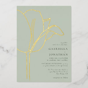 Invitación Con Relieve Metalizado Boda de Tulipán Dorado Verde Salvia Moderno