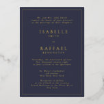 Invitación Con Relieve Metalizado Boda de ubicación múltiple formal elegante de la M<br><div class="desc">Boda de ubicación múltiple formal elegante de la marina azul todo plantilla de invitación pulsada por Relieve metalizado dorado</div>