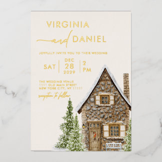 Invitación Con Relieve Metalizado Boda de vacaciones de invierno de cabaña rústica