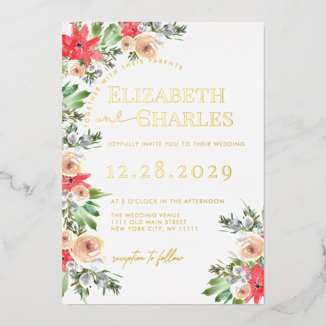 Invitación Con Relieve Metalizado Boda de vacaciones de los Navidades de energía ver (Anverso)