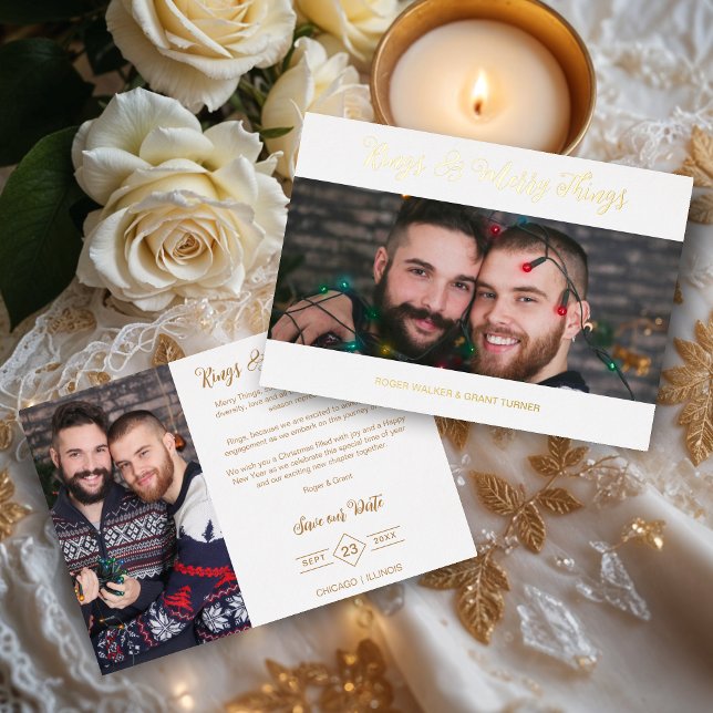 Invitación Con Relieve Metalizado Boda de vacaciones de lujo blanco 2 Navidades de f (White Luxurious Holiday Wedding 2 Photos Save the Dates Cards as Christmas Cards.)