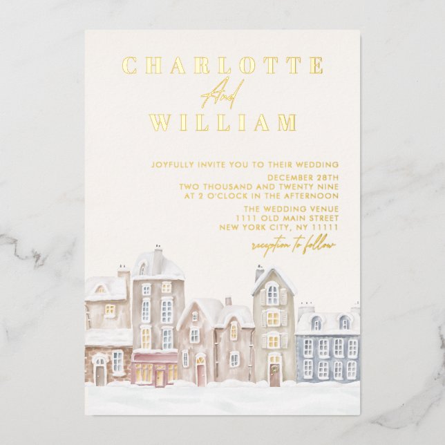 Invitación Con Relieve Metalizado Boda de vacaciones de Navidades de Winter Village  (Anverso)