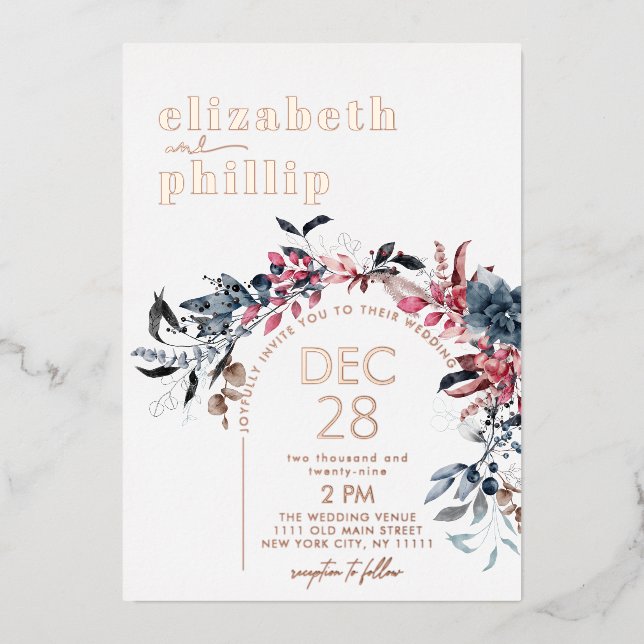 Invitación Con Relieve Metalizado Boda de vacaciones de Navidades Rosas de oro flora (Anverso)