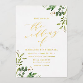 Invitación Con Relieve Metalizado Boda de Vegetación Acuarela
