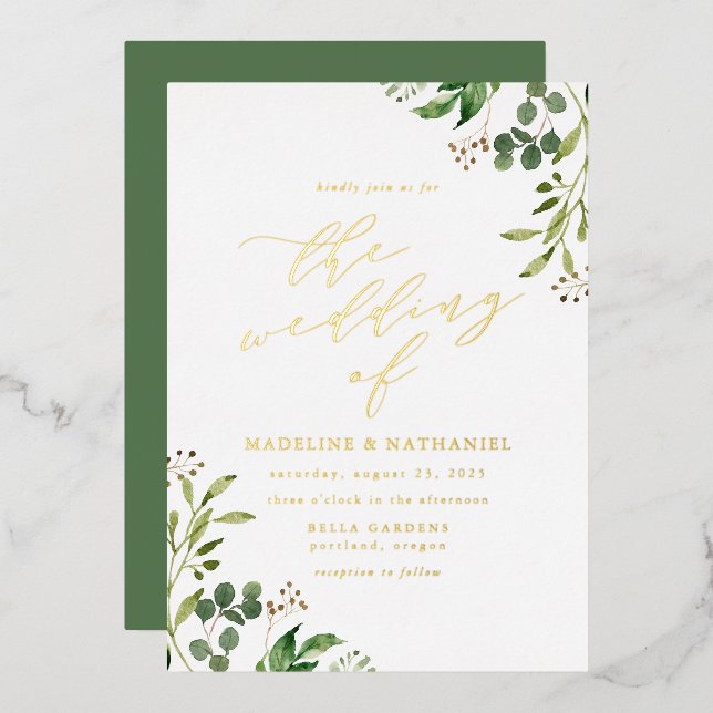 Invitación Con Relieve Metalizado Boda de vegetación acuática (Anverso/Reverso)