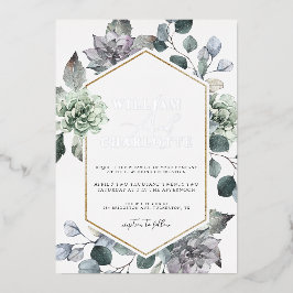 Invitación Con Relieve Metalizado Boda de vegetación del desierto azul y plateado