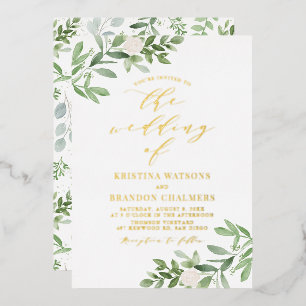 Invitación Con Relieve Metalizado Boda de vegetación en acuarela y flores blancas