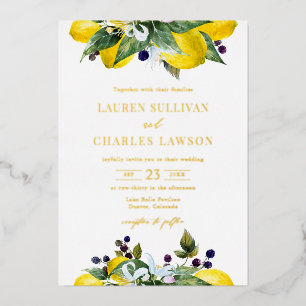 Invitación Con Relieve Metalizado Boda de verano con acuarela de limón y zarzamora