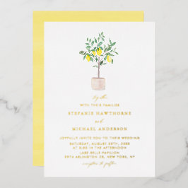 Invitación Con Relieve Metalizado Boda de verano con árbol de limón acuarela pastel