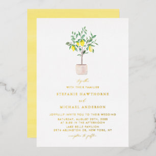 Invitación Con Relieve Metalizado Boda de verano con árbol de limón acuarela pastel