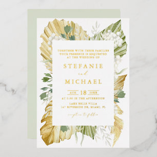 Invitación Con Relieve Metalizado Boda de verano con hojas de palma secas al acuarel