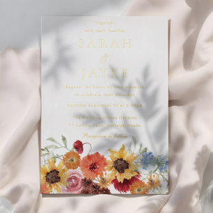 Invitación Con Relieve Metalizado Boda de verano floral acuarela oro