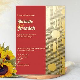 Invitación Con Relieve Metalizado Boda de Verano Girasol Rojo Dorado
