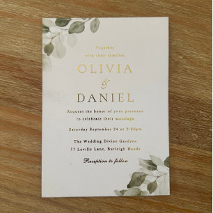 Invitación Con Relieve Metalizado Boda de Verde y Hoja de Oro