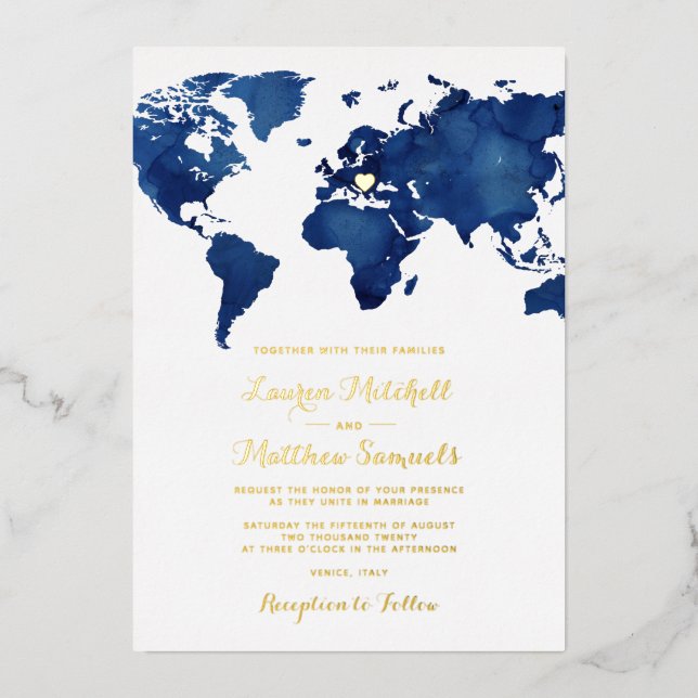 Invitación Con Relieve Metalizado Boda de viajes de destino (Anverso)