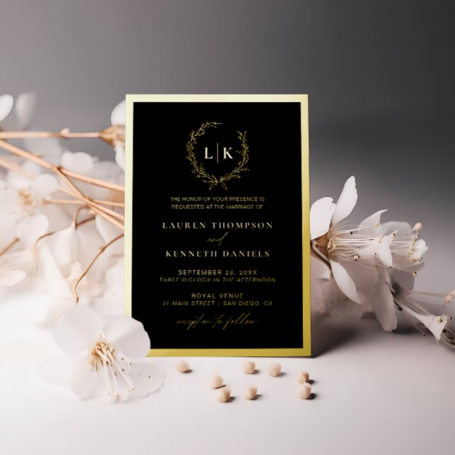 Invitación Con Relieve Metalizado Boda de Wreath monograma de oro negro (Subido por el creador)