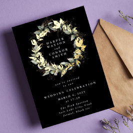Invitación Con Relieve Metalizado Boda de Wreath Premium Onyx Real Gold Eucalyptus