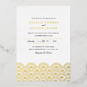 Invitación Con Relieve Metalizado Boda Deco Seigaiha Dorado