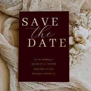 Invitación Con Relieve Metalizado Boda Deep Burgundy & Gold Foil Save The Date