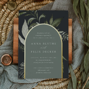 Invitación Con Relieve Metalizado Boda del Arco Botánico Verde de Winter Meadow