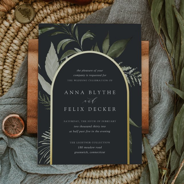 Invitación Con Relieve Metalizado Boda del Arco Botánico Verde de Winter Meadow (Subido por el creador)