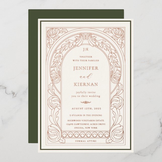 Invitación Con Relieve Metalizado Boda del Art Nouveau Greenery Arch (Anverso/Reverso)