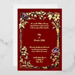 Invitación Con Relieve Metalizado Boda del borde del Rosa de la vid de la floral bot