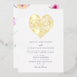 Invitación Con Relieve Metalizado Boda del corazón botánico de la flor a presión de 