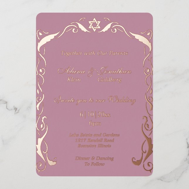 Invitación Con Relieve Metalizado Boda del cuadro de judía Swirl (Anverso)