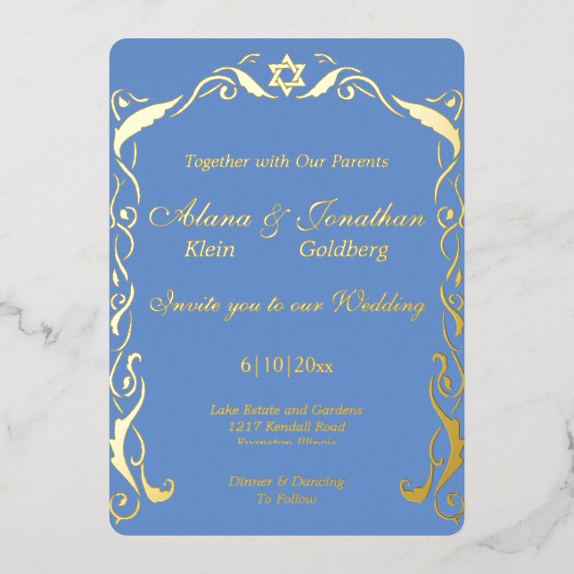 Invitación Con Relieve Metalizado Boda del cuadro de judía Swirl (Anverso)