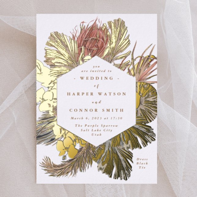 Invitación Con Relieve Metalizado Boda del Desierto Real Oro Floral Pampas (Subido por el creador)