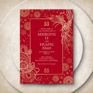 Invitación Con Relieve Metalizado Boda del Dragón Fénix Chino