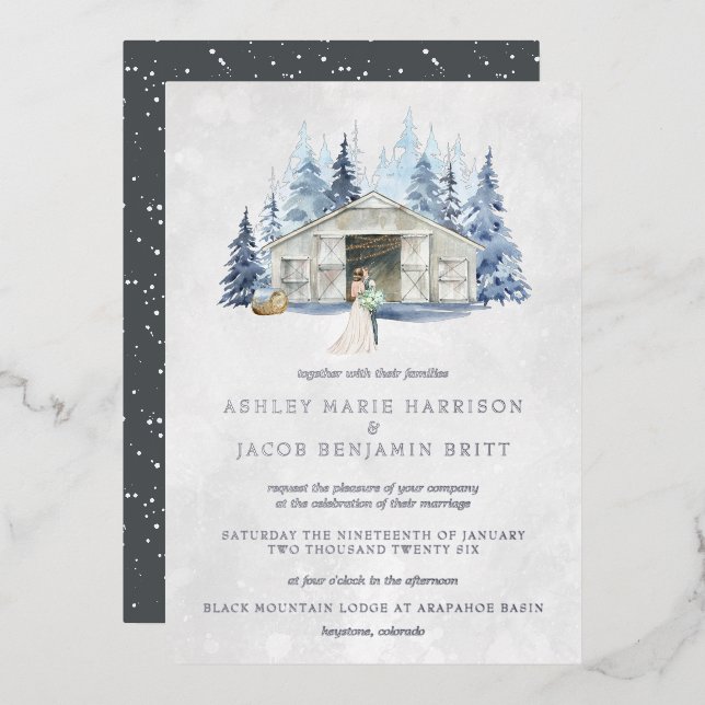 Invitación Con Relieve Metalizado Boda del Evergreen Barn Rustic Winter (Anverso/Reverso)