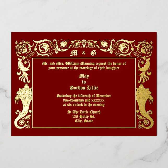 Invitación Con Relieve Metalizado Boda del follaje cornucopias 1890 (Anverso)