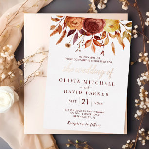 Invitación Con Relieve Metalizado Boda del follaje floral floral floral de Boho Fall