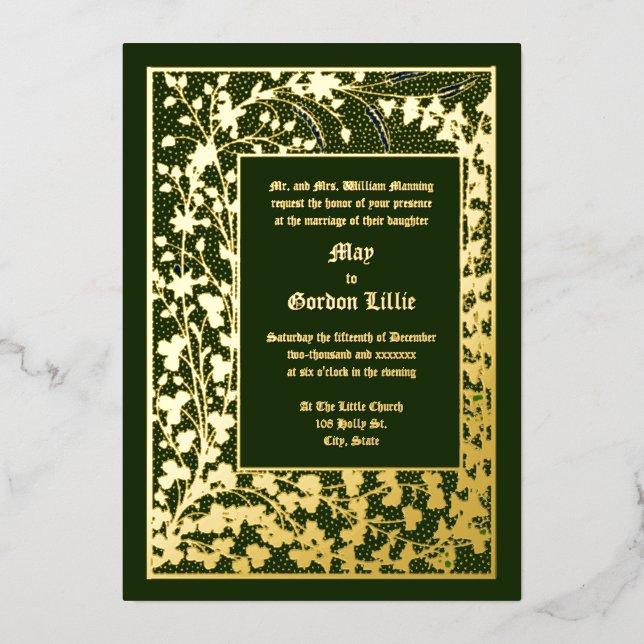 Invitación Con Relieve Metalizado Boda del follaje Vine & Clover de la era victorian (Anverso)
