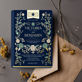 Invitación Con Relieve Metalizado Boda del libro de la biblioteca de Vintage