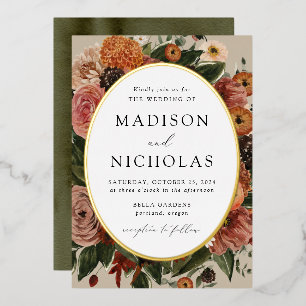 Invitación Con Relieve Metalizado Boda del marco del ovario floral del otoño de Boho