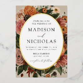 Invitación Con Relieve Metalizado Boda del marco del ovario floral del otoño de Boho