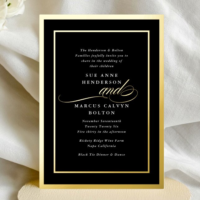 Invitación Con Relieve Metalizado Boda del marco dorado de caligrafía formal blanca  (Subido por el creador)