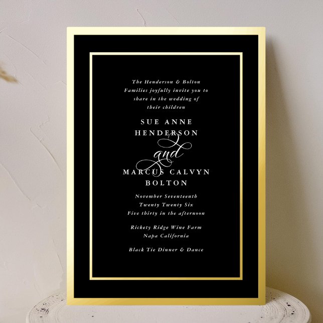 Invitación Con Relieve Metalizado Boda del marco dorado del Ampersor clásico blanco  (Subido por el creador)