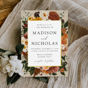 Invitación Con Relieve Metalizado Boda del marco floral de Boho Autumn