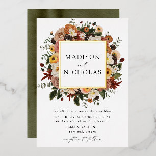 Invitación Con Relieve Metalizado Boda del marco floral de Boho Autumn