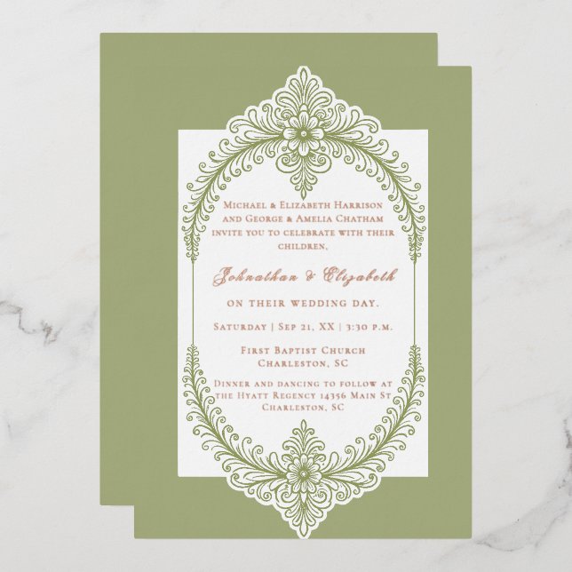 Invitación Con Relieve Metalizado Boda del marco florido de Olive Green French (Anverso/Reverso)