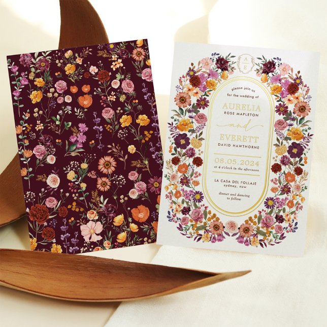 Invitación Con Relieve Metalizado Boda del Monograma de Flores Silvestres de otoño e (Subido por el creador)