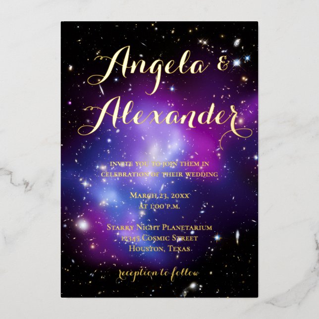 Invitación Con Relieve Metalizado Boda del Planetario de Púrpura Galaxia (Anverso)