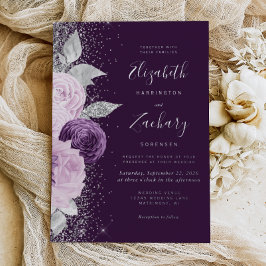 Invitación Con Relieve Metalizado Boda del Purpurina Floral Deep Purple Silver