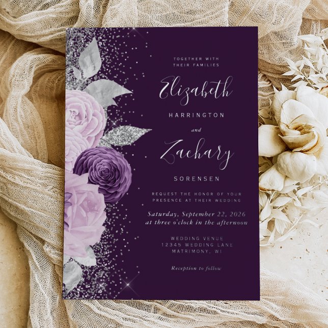 Invitación Con Relieve Metalizado Boda del Purpurina Floral Deep Purple Silver (Subido por el creador)